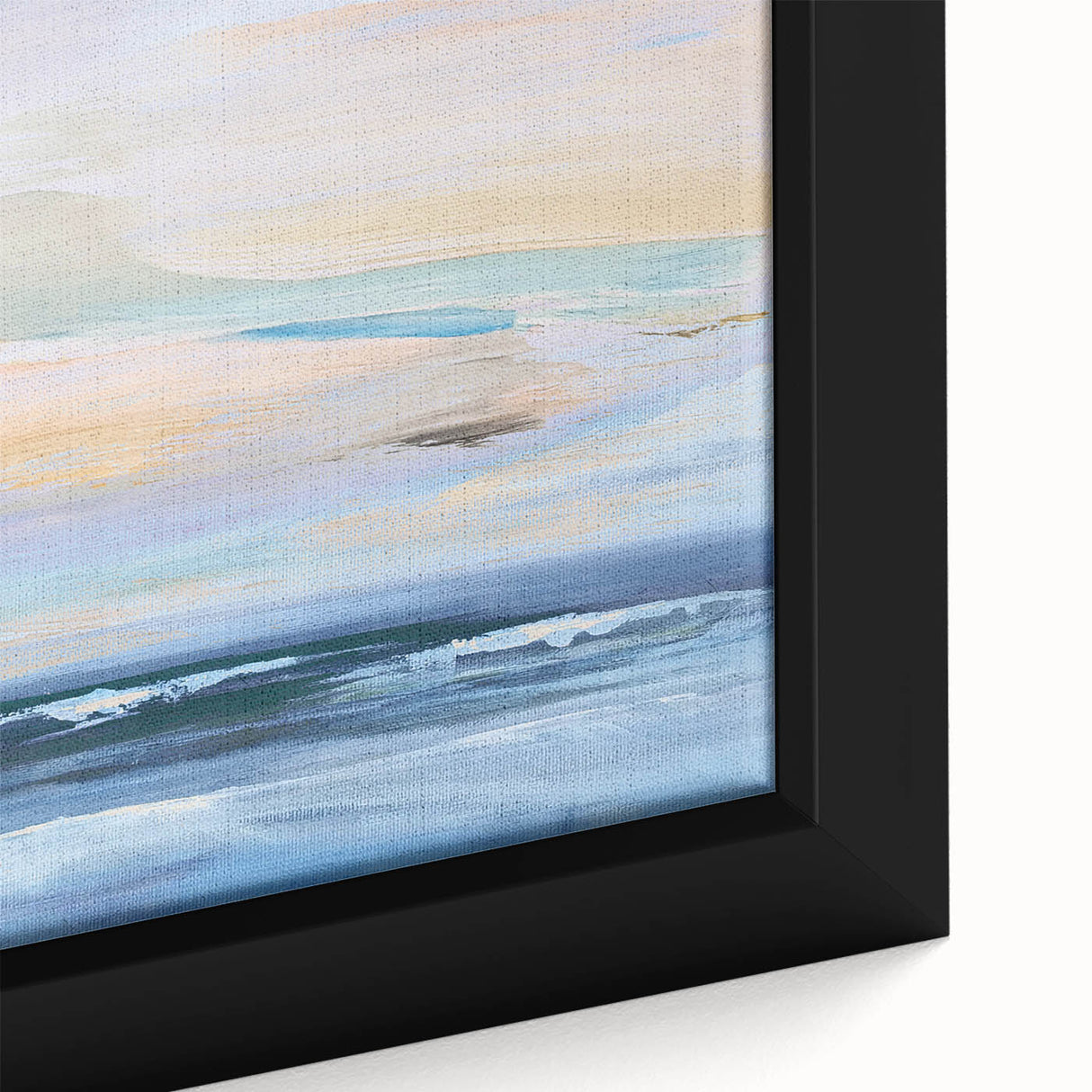 Close-up of a framed abstract landscape wall art piece, showcasing vibrant colors and intricate textures, ideal for modern home decor. Perfect for adding artistic flair to living spaces.