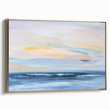 Framed abstract landscape wall art showcasing a vibrant gold color palette, ideal for modern home decor, displayed in a stylish side view.