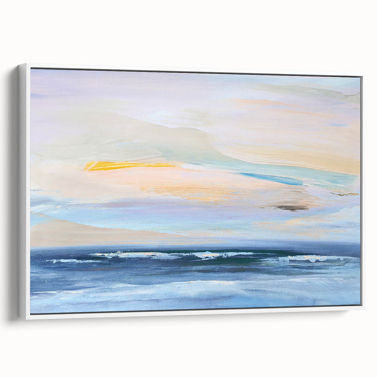 Abstract landscape wall art canvas framed in white, showcasing vibrant hues of blue and green. This modern decor piece adds a stylish touch to any interior setting.