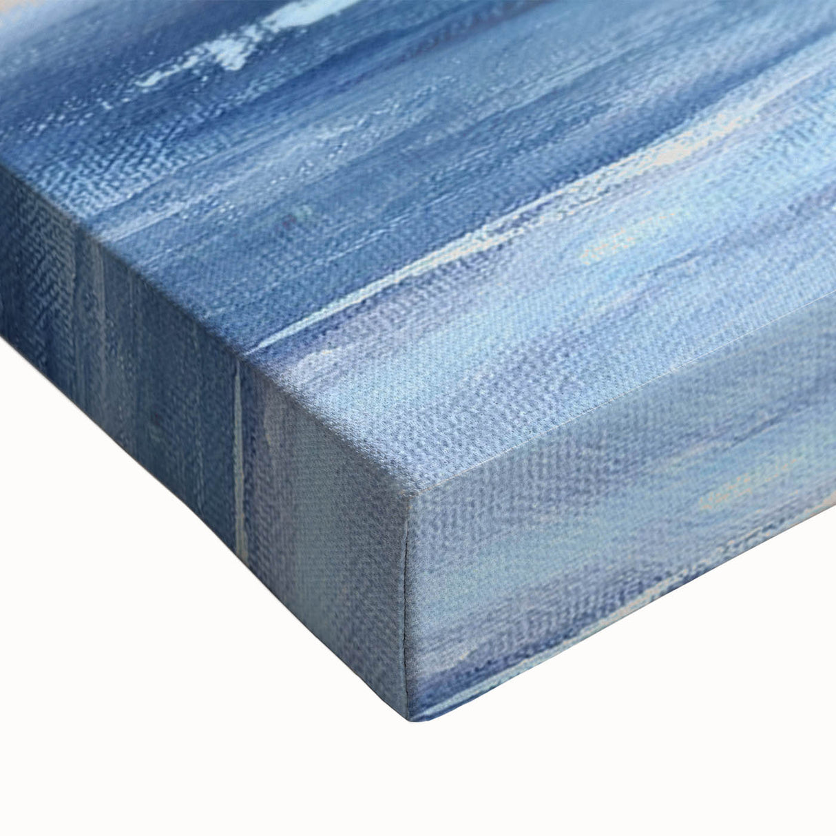 Close-up of a vibrant abstract landscape wall art print on stretched canvas, showcasing rich hues of blue, orange, and green, perfect for modern home decor.