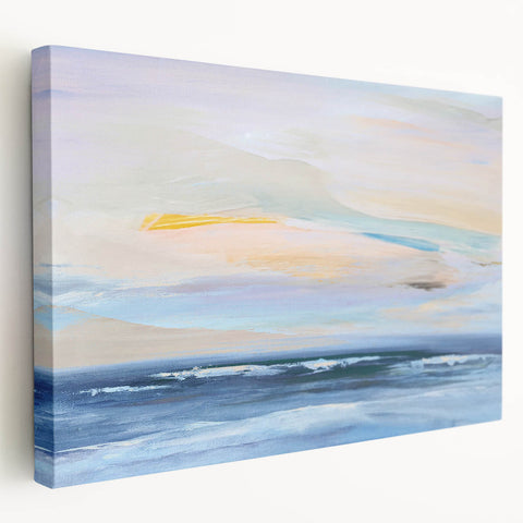 Stretched canvas artwork depicting an abstract landscape with vibrant colors and dynamic shapes, showcasing a modern artistic interpretation of nature, ideal for contemporary home decor.