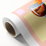 Art deco poster of food and drinks on rolled canvas with pastel shades, ideal for dining room wall art.