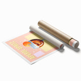 Extra large rolled print of floral art in muted green and pink tones.