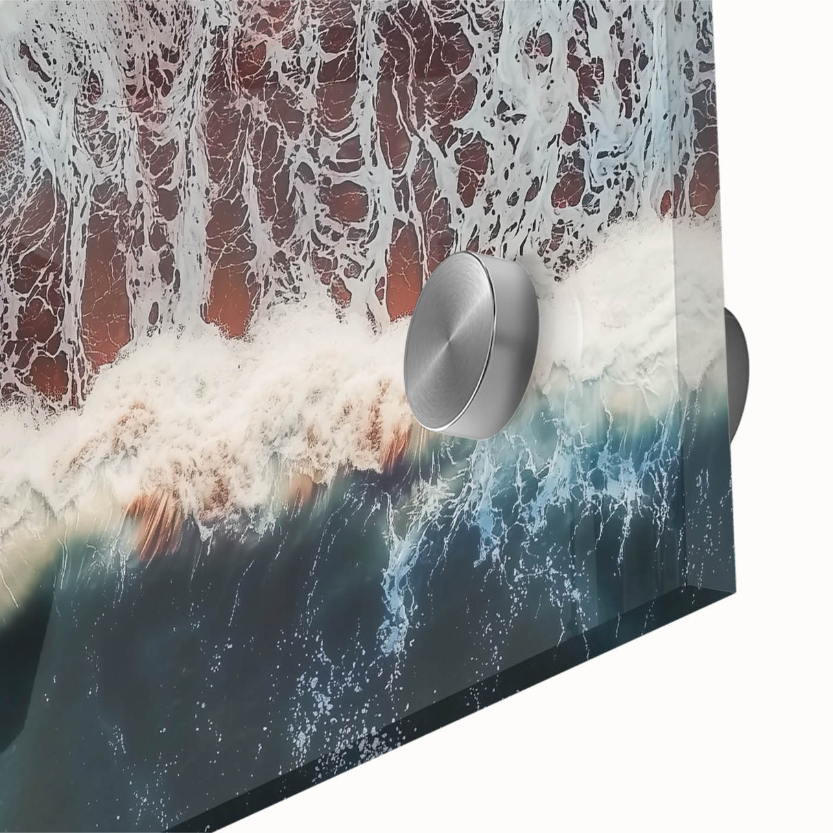 Close-up of an acrylic glass artwork depicting a serene beach landscape with vibrant colors, capturing the tranquil essence of coastal beauty and nature.