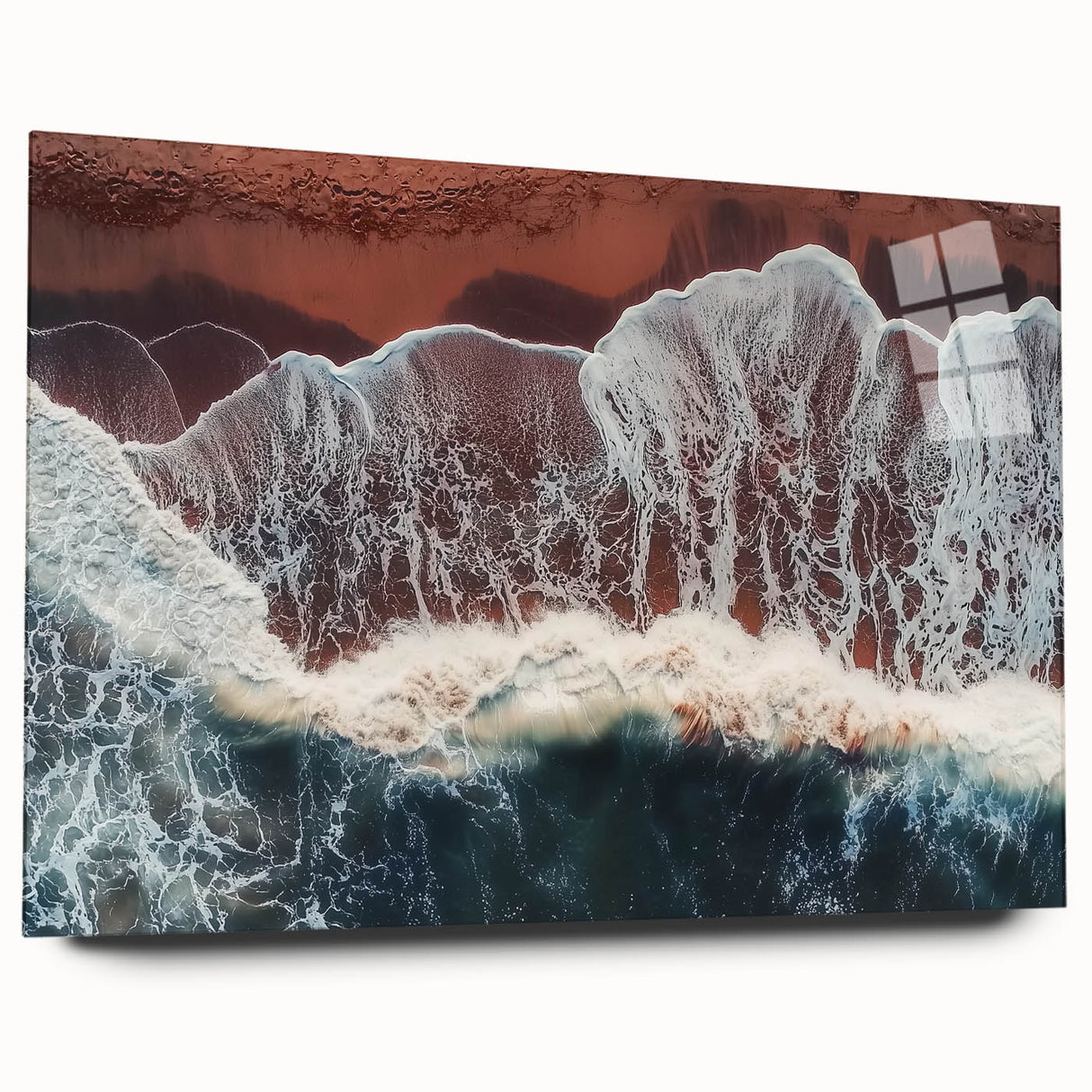 Vibrant acrylic landscape artwork depicting a serene beach view, showcasing soft waves and a clear sky, presented in a sleek glass frame. Ideal for coastal decor.