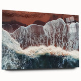Vibrant acrylic landscape artwork depicting a serene beach view, showcasing soft waves and a clear sky, presented in a sleek glass frame. Ideal for coastal decor.