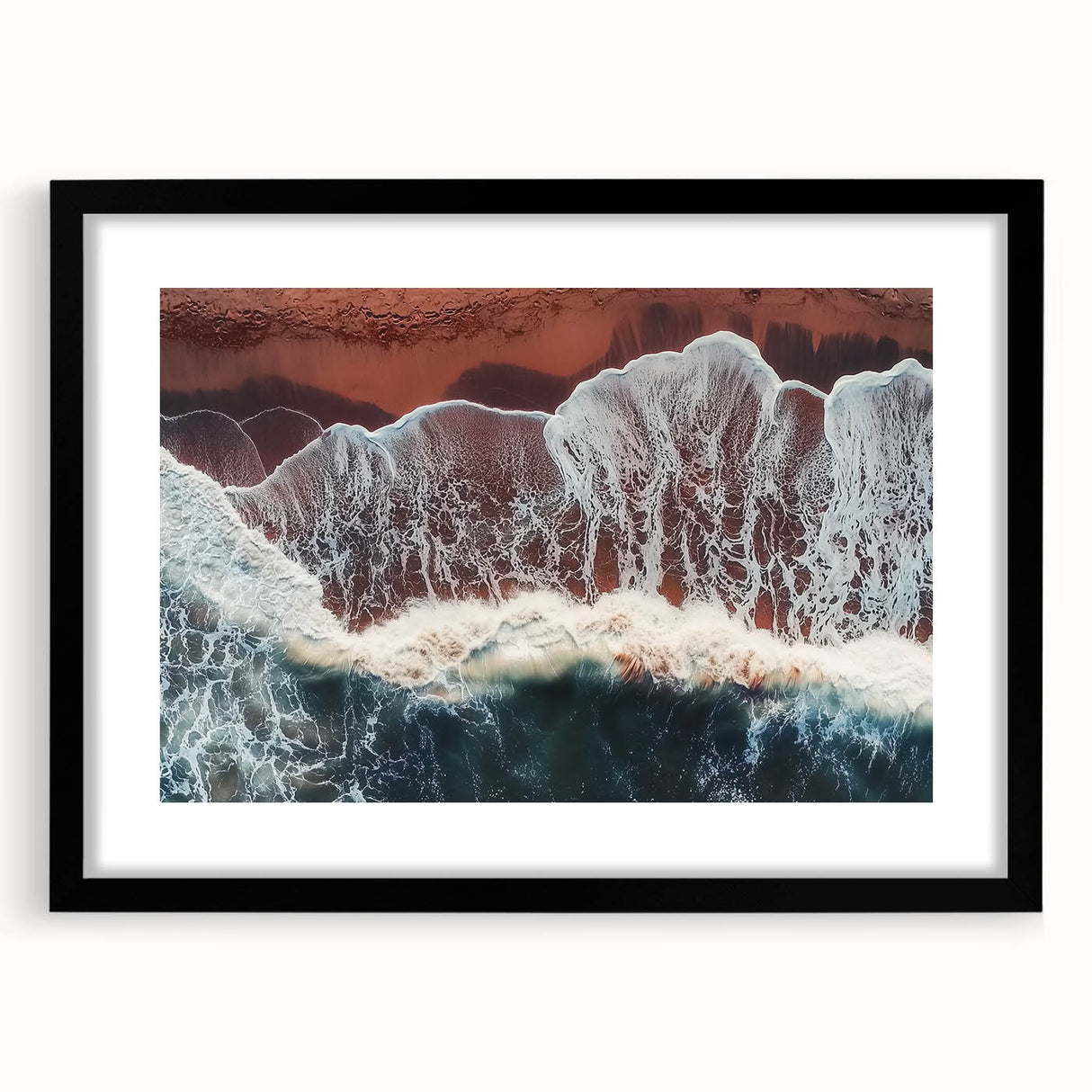 Black-framed landscape art featuring serene beach scene with gentle waves and soft sand, perfect for enhancing home decor and creating a calming atmosphere.