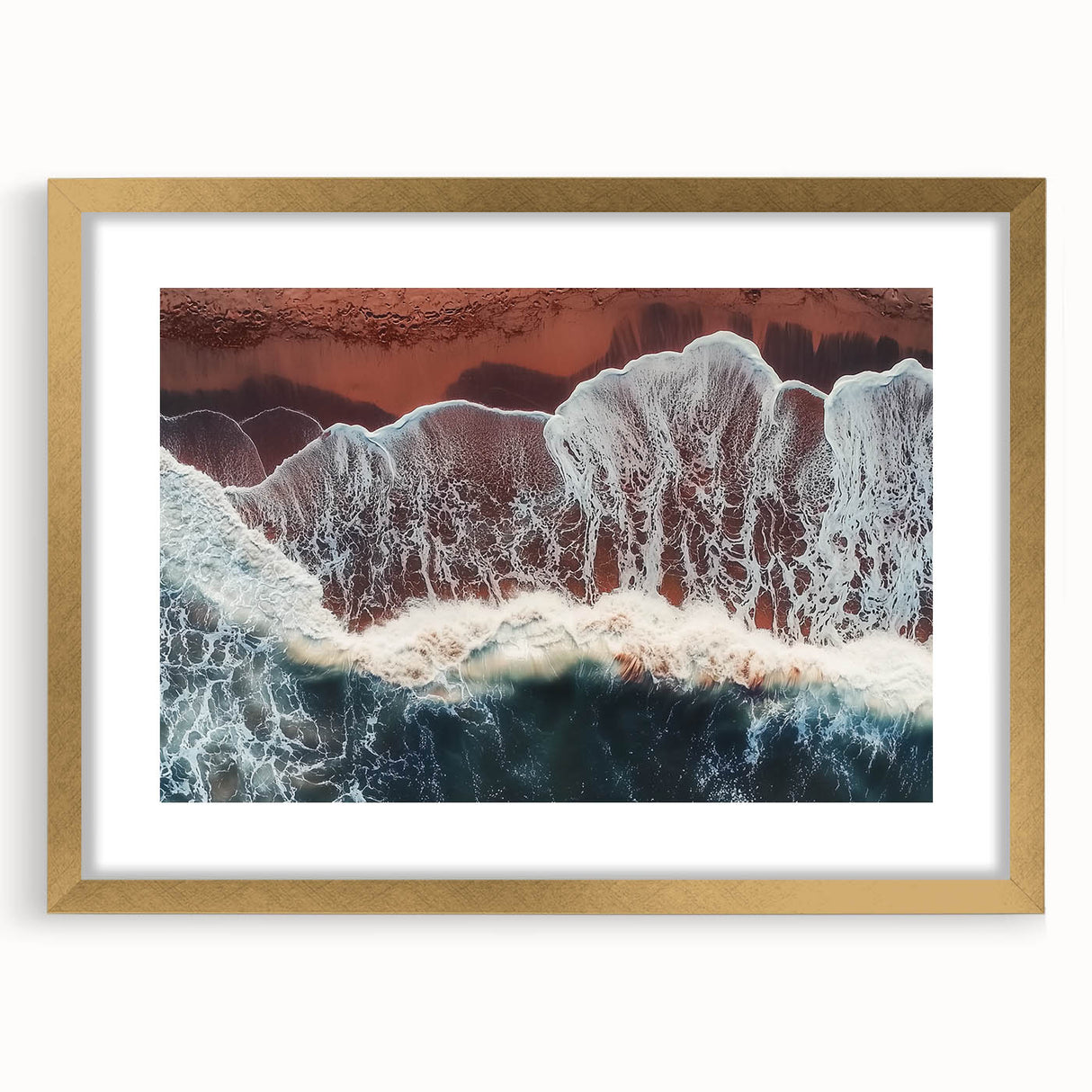 Elegant landscape artwork depicting serene beaches framed in a gold mat, showcasing vibrant colors and intricate details, perfect for coastal home decor.