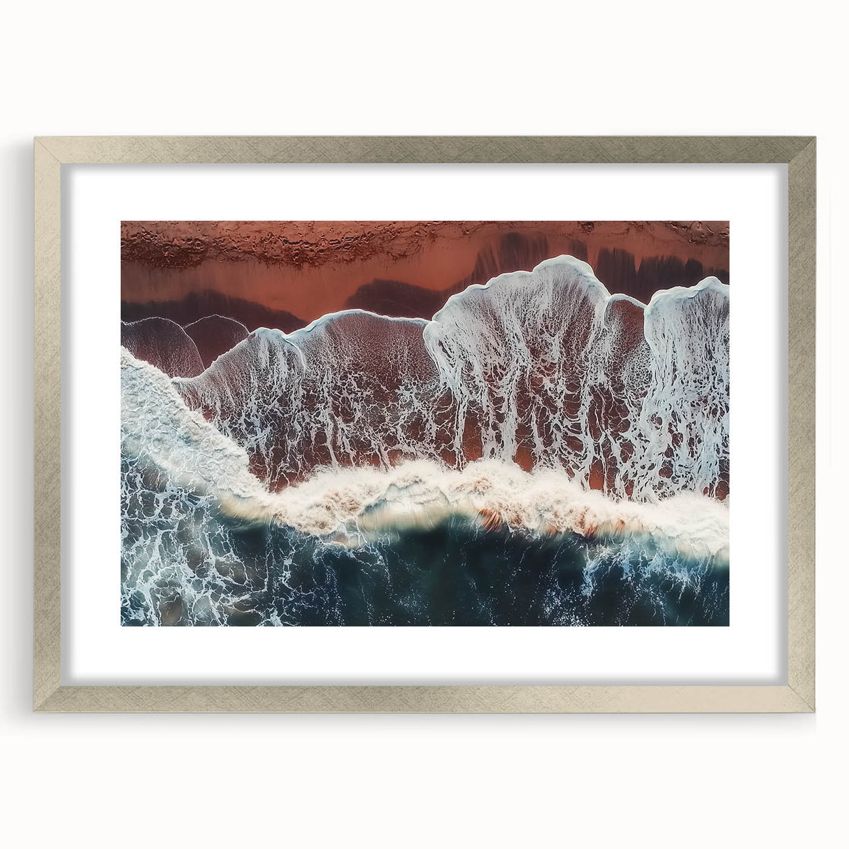 Landscape-oriented beach-themed framed artwork with a silver mat, showcasing vibrant ocean colors and serene coastal scenery, ideal for home decor.