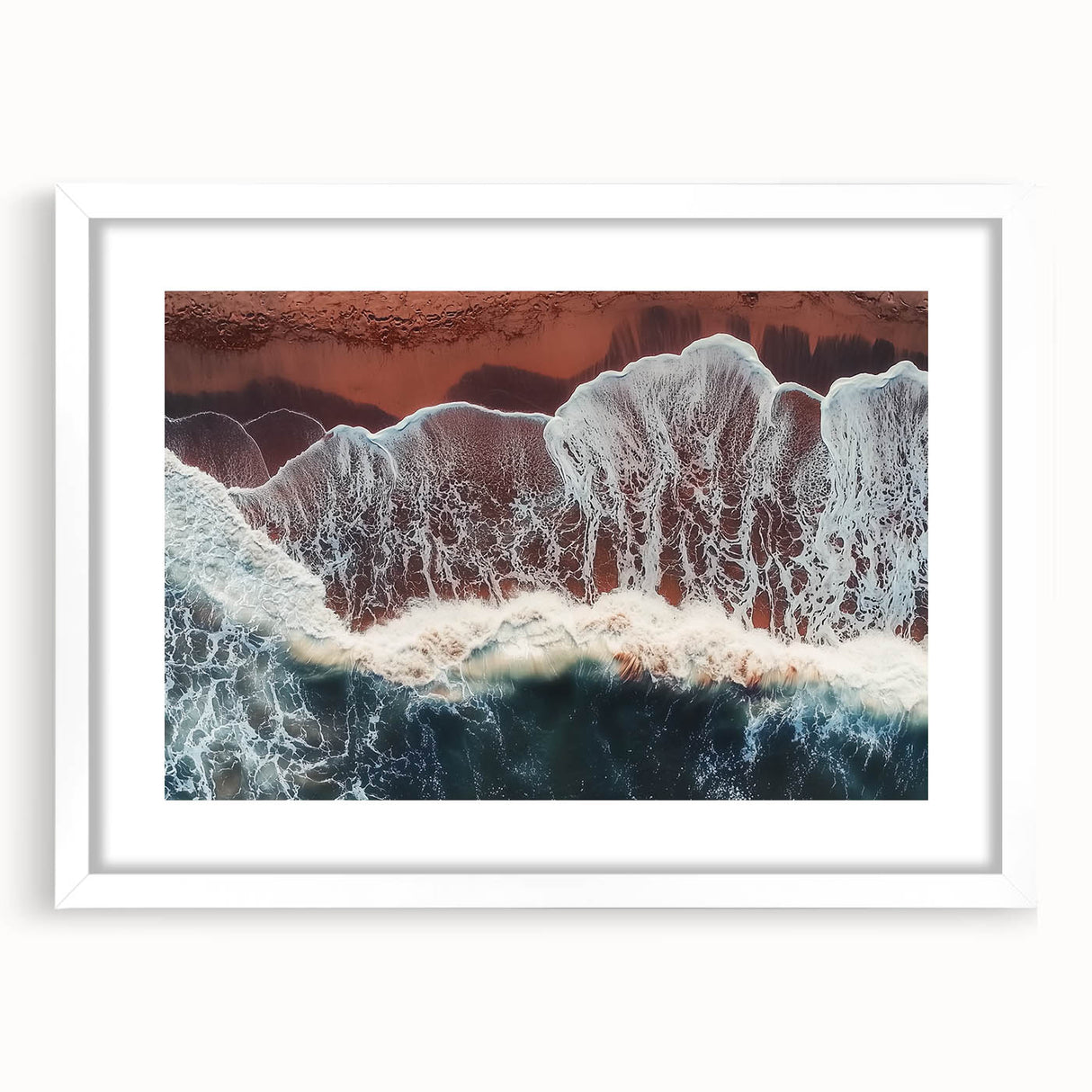 Landscape artwork showcasing serene beach scenery framed with a white mat, highlighting vibrant colors and tranquil ocean waves, perfect for coastal decor enthusiasts.