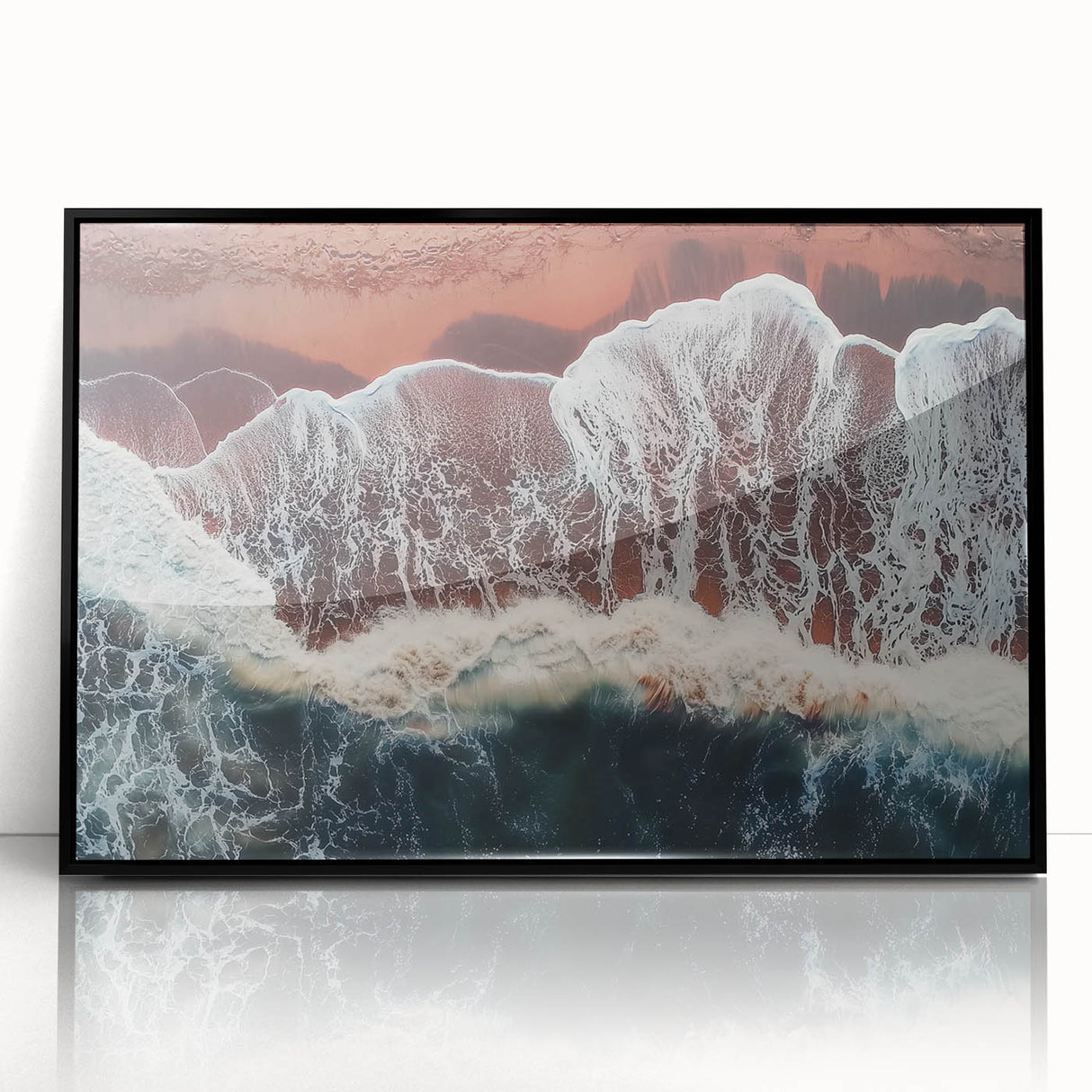 Framed acrylic artwork depicting a serene beach landscape, showcasing vibrant colors and detailed textures, set in a sleek black frame for elegant display.
