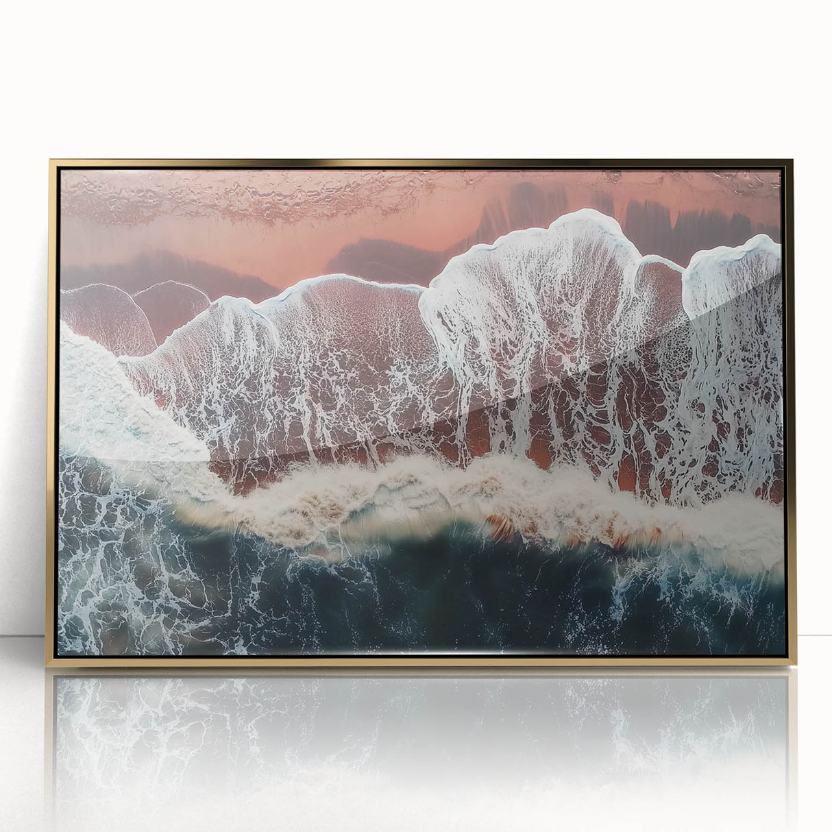 Framed acrylic artwork showcasing a vibrant beach landscape with golden hues, ideal for coastal-themed decor, enhancing any living space with a serene ambiance.
