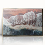 Framed acrylic artwork showcasing a vibrant beach landscape with golden hues, ideal for coastal-themed decor, enhancing any living space with a serene ambiance.