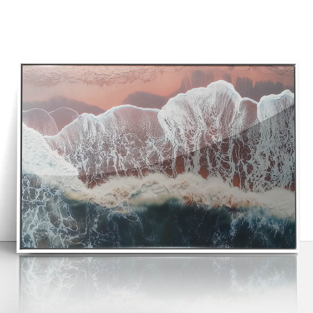 Framed acrylic landscape artwork depicting serene beaches with soft waves, vibrant skies, and a beach setting, showcasing a tranquil coastal scene ideal for home decor.