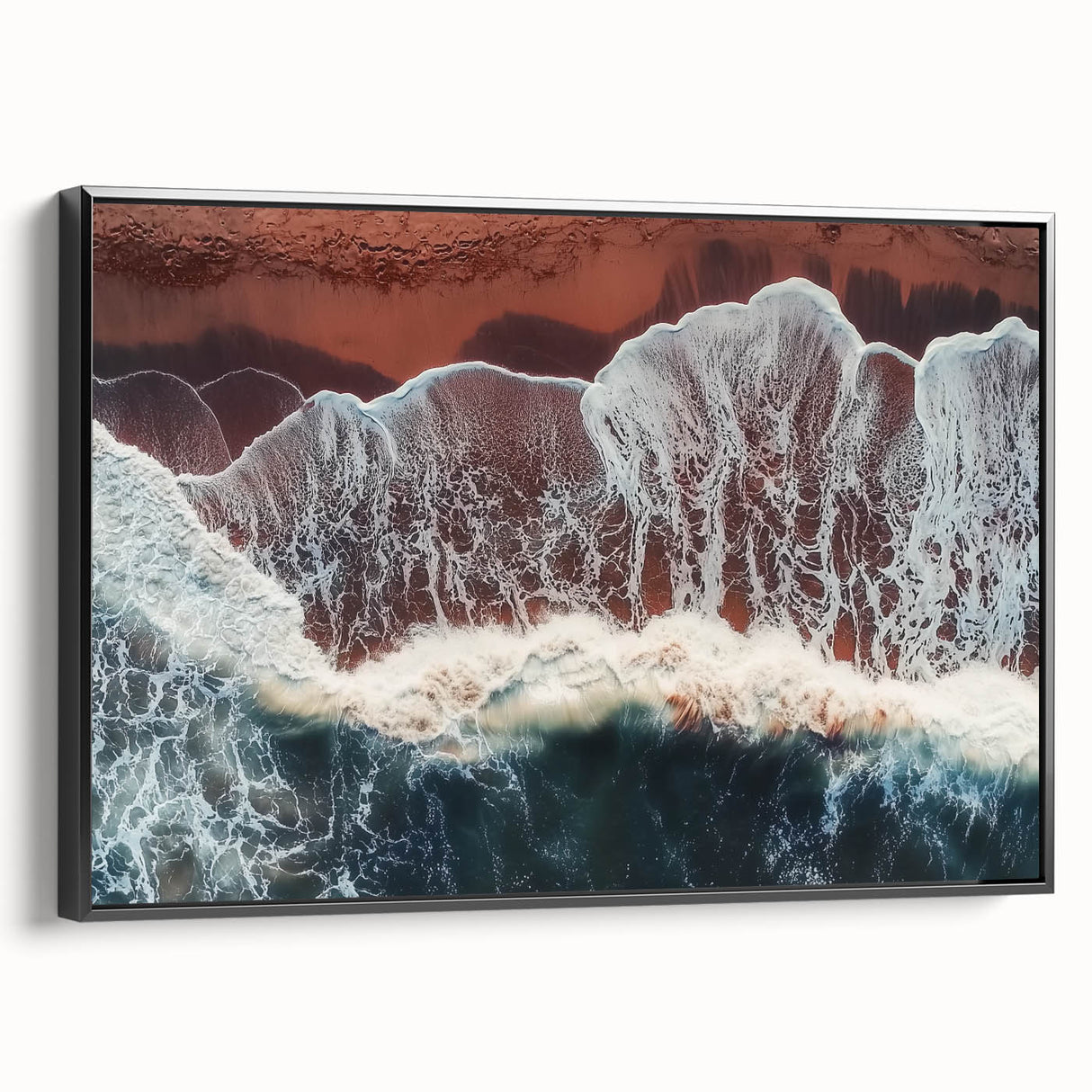 Framed canvas art depicting a serene beach landscape with vibrant colors, featuring a black frame, ideal for enhancing coastal-themed decor in homes or offices.