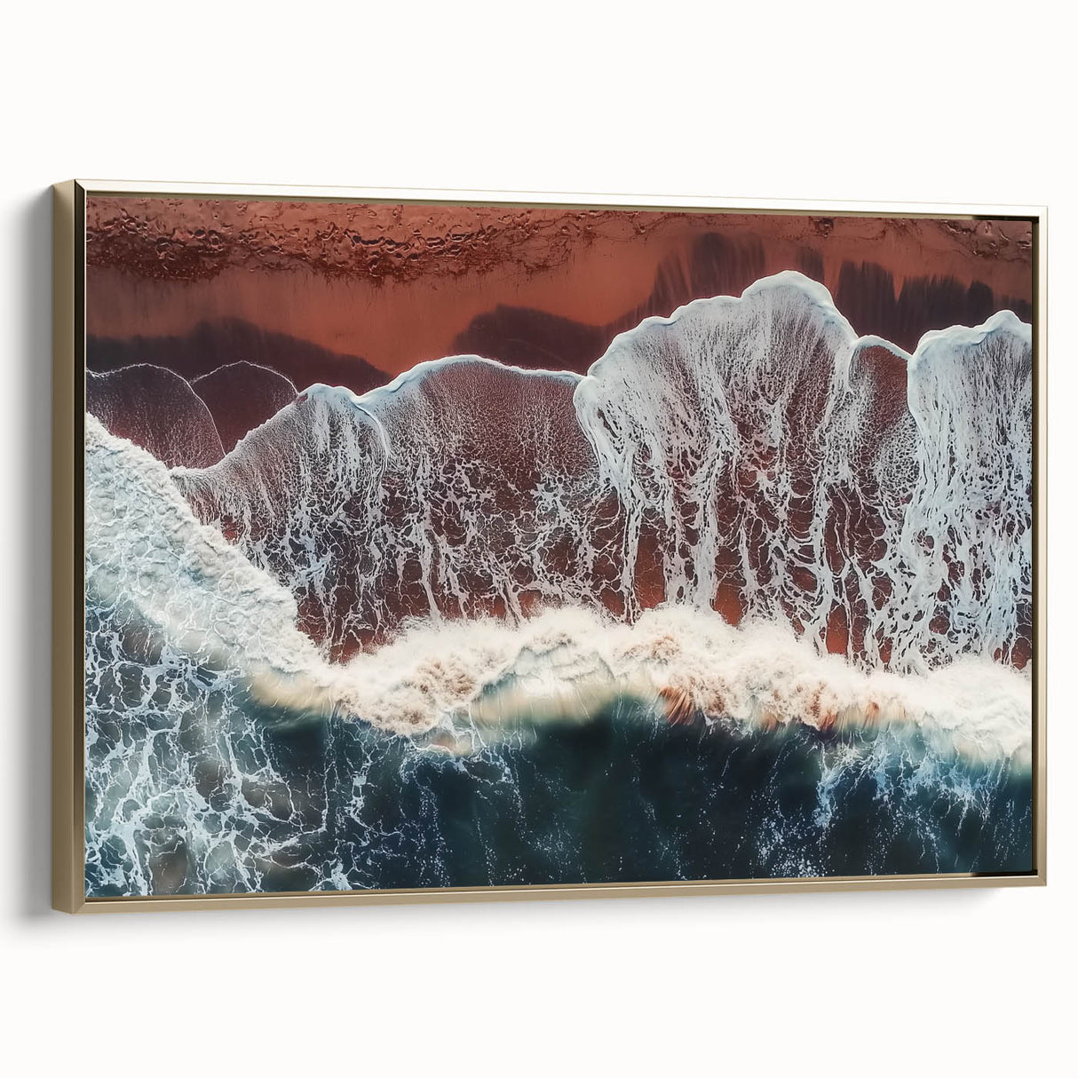 Framed canvas artwork showcasing a serene beach landscape with golden hues and elegant frame, perfect for home decor and coastal themes in living spaces.