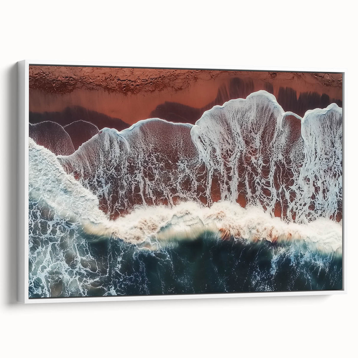 Framed canvas artwork depicting a serene beach landscape with white frame, showcasing vibrant colors and tranquil scenery, perfect for coastal home decor.