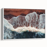 Framed canvas artwork depicting a serene beach landscape with white frame, showcasing vibrant colors and tranquil scenery, perfect for coastal home decor.