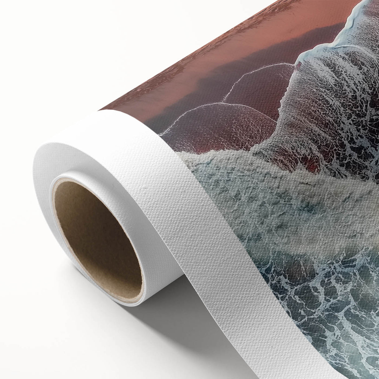 Rolled canvas artwork showcasing a serene beach landscape with vibrant colors, ideal for home decor, elegantly packaged in a protective cardboard tube.