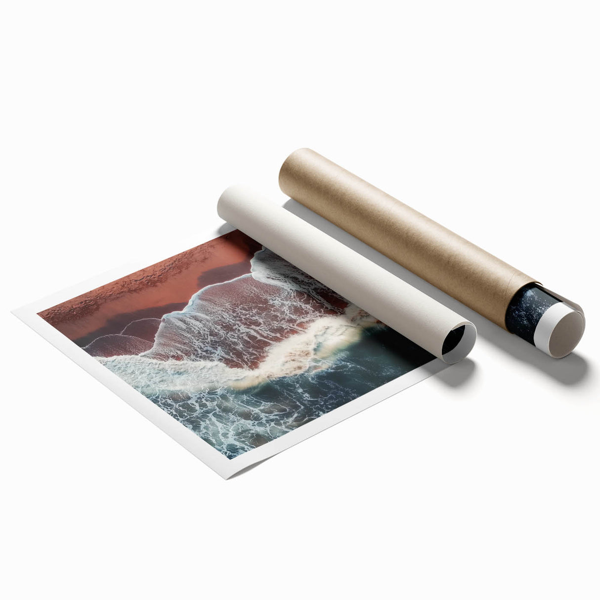 Vibrant rolled landscape print showcasing a serene beach scene with soft waves and golden sand, packaged securely in a durable cardboard tube for safe delivery.
