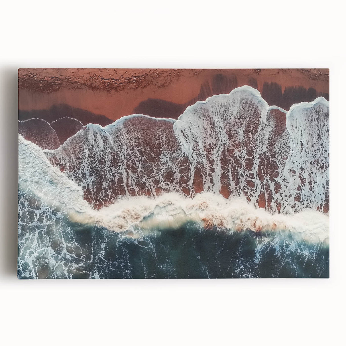 Vibrant stretched canvas artwork depicting a serene beach landscape with gentle waves and golden sands, perfect for coastal-themed home decor.