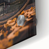 Large abstract wall art in warm autumn hues on acrylic glass, ideal for enhancing dining room ambiance.