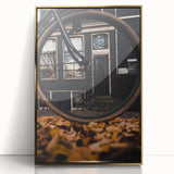Framed acrylic print of a mid-century modernist fall scene in gold and orange tones, suitable for modern art wall decor.
