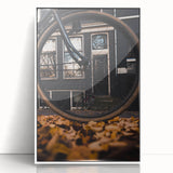 Art deco poster of autumn trees in orange and yellow hues, framed in white acrylic, ideal for nursery wall decor.