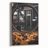 Framed canvas landscape art painting depicting a fall scene with colorful trees and a black background.