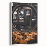 Vintage poster art of an autumnal scene on extra large framed canvas, featuring a palette of orange and brown.