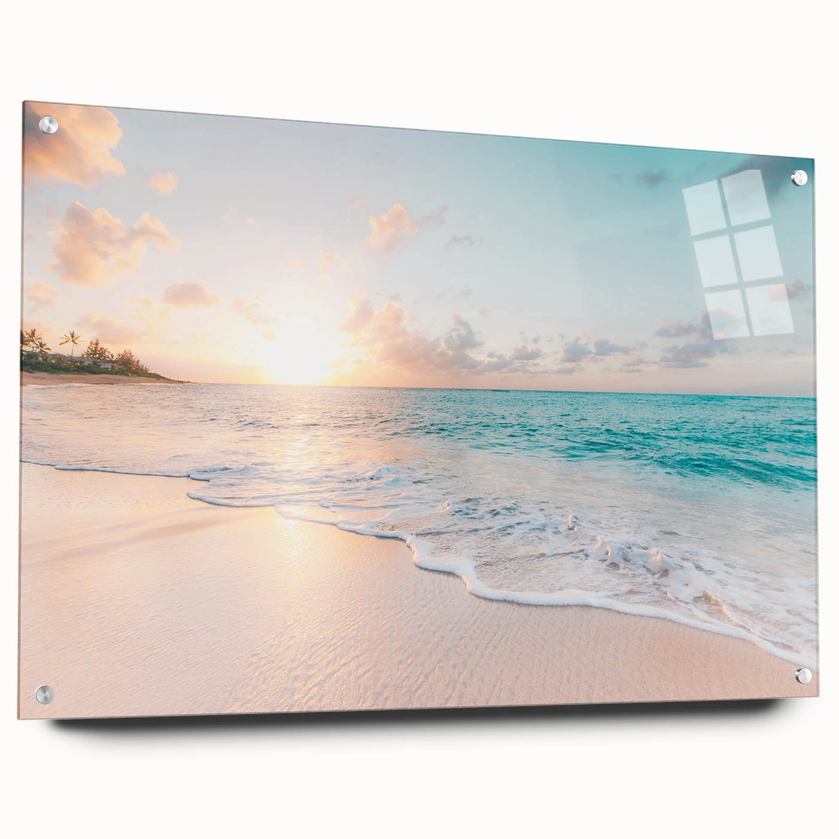 Large abstract wall art on acrylic glass depicting vibrant summer colors, ideal for bedroom or dining room decor.
