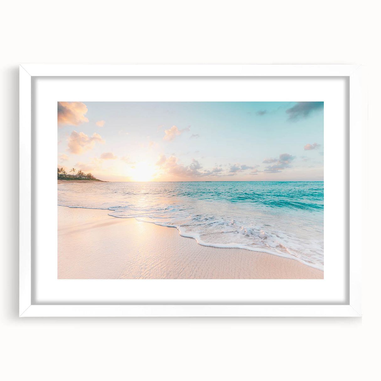 Abstract art print featuring swirling blue and green patterns on a white framed canvas, ideal for dining room decor.
