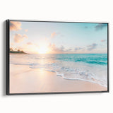 Black and white wall art featuring a vintage poster-style summer landscape on framed canvas, ideal for bedroom decor.