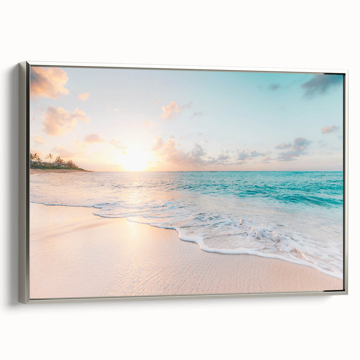 Framed canvas depicting a vintage summer landscape with vibrant green and blue tones, ideal for living room decor.