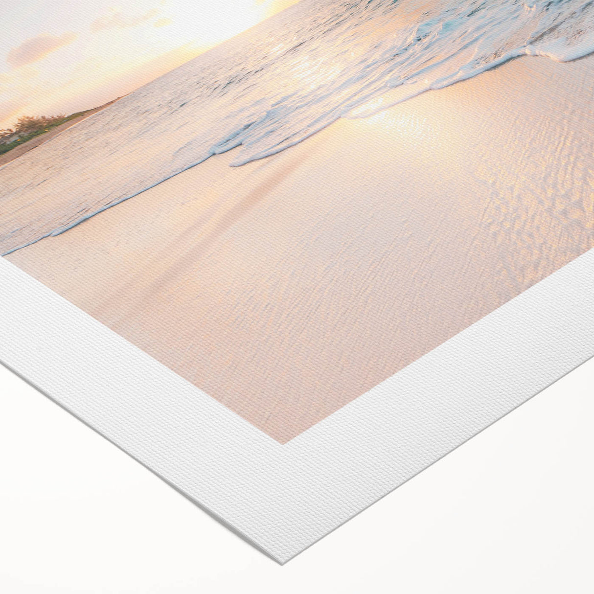 Art deco poster featuring a summer beach scene in muted blues and sandy tones on rolled canvas.
