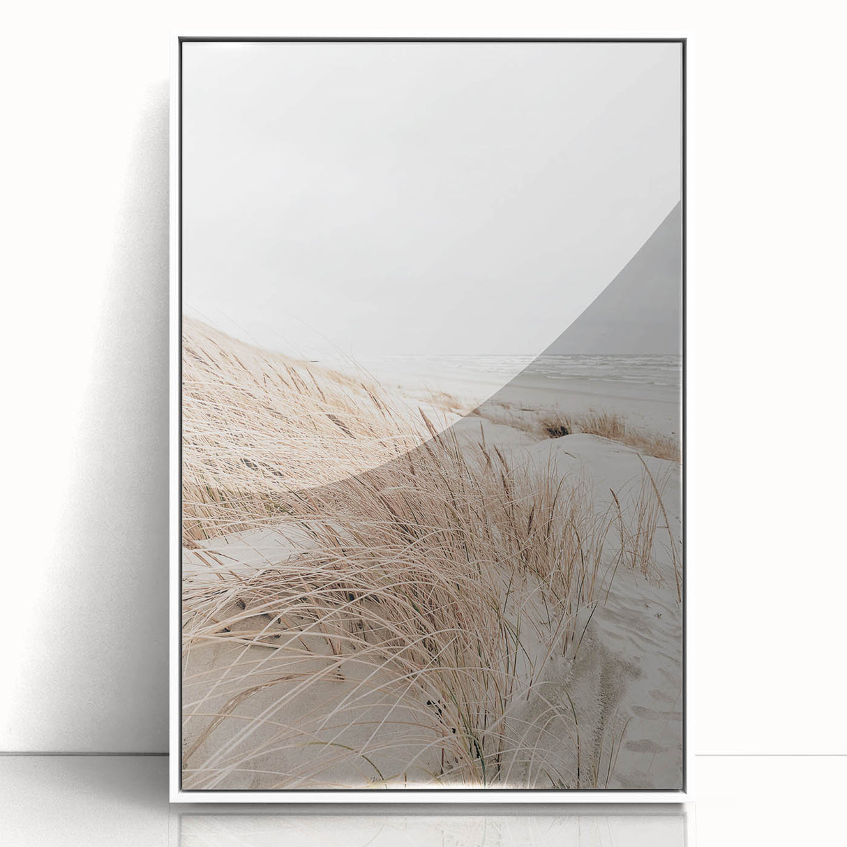 Art deco poster featuring a stylized summer scene in soft pastel shades, acrylic print framed in white.