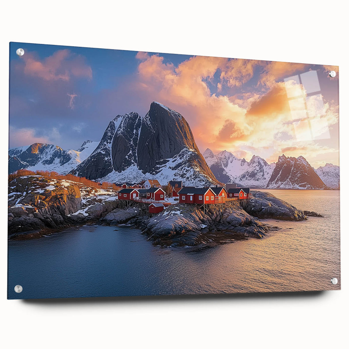 Acrylic landscape artwork showcasing dramatic cliffs with vibrant colors, displayed in a glass frame from a side view, highlighting the intricate details and pin mounting. Perfect for modern home decor.