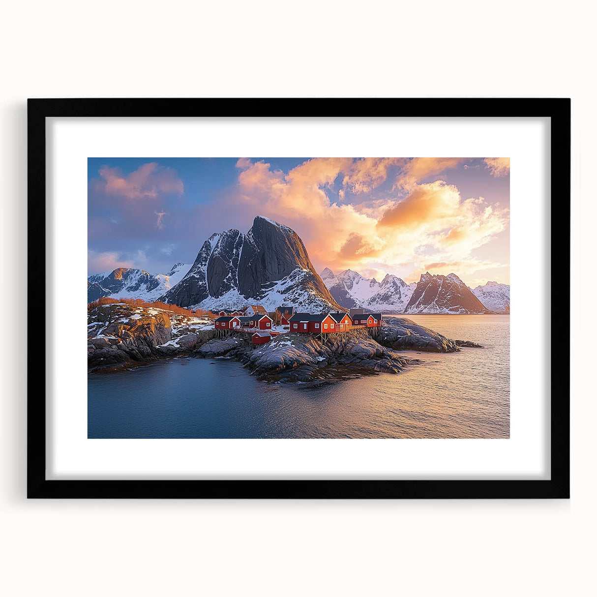 Black frame showcasing a stunning landscape art print depicting cliffs and blue skies, complete with a white mat for an elegant presentation, perfect for home decor enhancement.