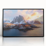 Framed acrylic artwork of dramatic cliffs under a vibrant sunset, featuring rich colors and intricate details, ideal for enhancing modern home decor.