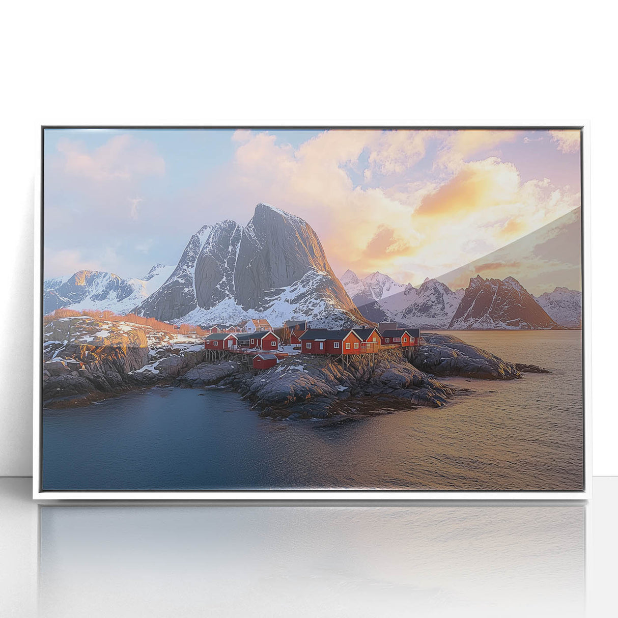 Framed acrylic artwork depicting dramatic cliffs and serene landscapes, featuring a white frame that enhances the vibrant colors and details, perfect for home decor.