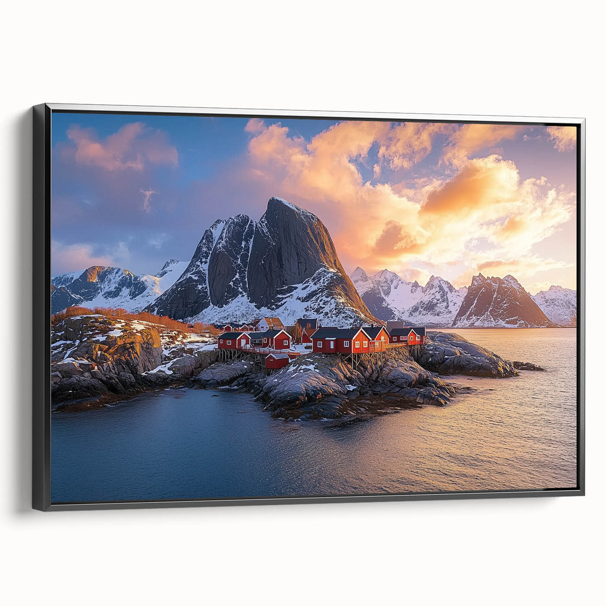 Framed canvas artwork depicting a scenic landscape with dramatic cliffs, featuring a black side view, ideal for enhancing modern home decor.