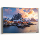 Framed canvas artwork showcasing a stunning landscape of rugged cliffs with vibrant colors, featuring a sleek silver frame, perfect for modern home decor.