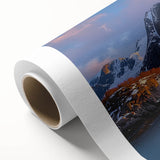 Vibrant rolled canvas depicting a serene landscape of majestic cliffs and rolling hills, showcasing rich greens and earthy tones, perfect for home decor.