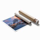 Stunning rolled print showcasing vibrant landscapes with dramatic cliffs and serene skies, perfect for home decor and art enthusiasts, presented in a protective tube.