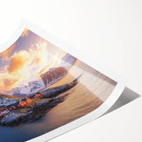Vibrant rolled print of a dramatic cliff landscape, showcasing rich colors and textures, packaged securely in a protective cardboard tube for easy transport.