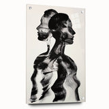 Abstract figurative artwork in vibrant colors displayed on acrylic glass, showcasing intricate details and pins for mounting. Perfect for modern home decor.