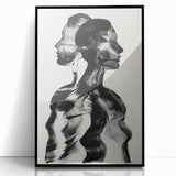 Framed abstract figurative art piece in black acrylic, showcasing modern design with smooth lines and geometric shapes, perfect for contemporary home decor.