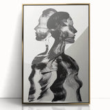 Framed abstract figurative art piece with a gold-acrylic finish, showcasing vibrant colors and dynamic shapes, ideal for modern home decor enhancement.