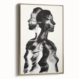 Framed abstract figurative canvas artwork with gold accents, showcasing a modern design from a side view, ideal for contemporary home decor.