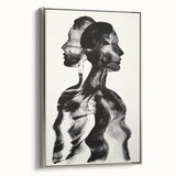 Framed abstract figurative art in silver, showcasing a modern design with fluid shapes and muted colors, perfect for contemporary home decor.